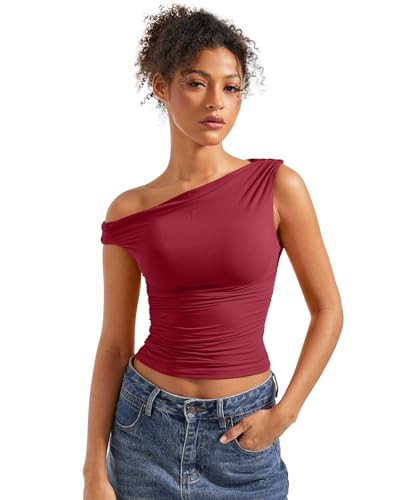 SUUKSESS Women Off Shoulder Tops Sleeveless Shirts Y2K Trendy Going Out Crop Tank Top (Wine Red,M) | Amazon (US)