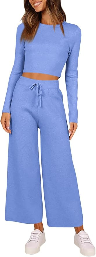 Tankaneo Womens 2 Pieces Outfits Long Sleeve Cropped Top Wide Leg Pants Knit Sets Lounge Pajamas ... | Amazon (US)