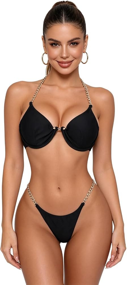 AIBEARTY Women's Sexy Metal Chain Strap Bikini Set 2 Piece Swimsuit Bathing Suit | Amazon (US)