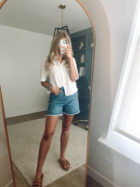Summer outfit!
White button up top: true to size 
denim shorts I own in 3 colors I love them so much, wearing my usual size M
Slides sandals: true to size 

| womens outfit | sandals | summer outfit 

#LTKSeasonal #LTKFindsUnder50 #LTKFindsUnder100