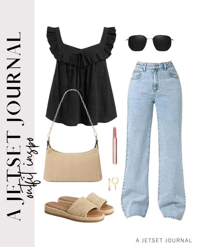 This black eyelet ruffle blouse pairs perfectly with the wide-leg Trendy Queen jeans, making it a great choice for an evening dinner or shopping. Go for these Celbreez platform sandals and a straw shoulder bag that complements this fit. Finish the look with these aviator sunglasses and a touch of your tarte Maracuja Lip Plump.

#LTKSeasonal #LTKSaleAlert #LTKTravel
 

 