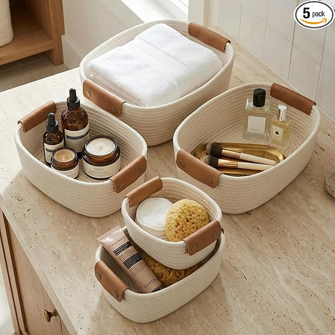 Beautiful Storage Basket Set of 5 - Sturdy Cotton Rope Baskets for Shelves Are Perfect for Organi... | Amazon (US)