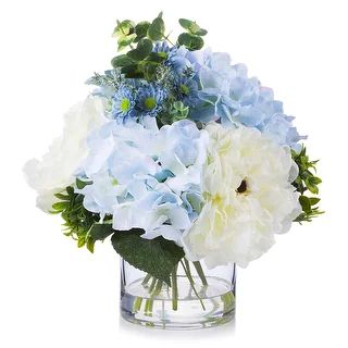 Enova Home Artificial Mixed Silk Peony and Hydrangea Fake Flowers Arrangement in Clear Glass Vase... | Bed Bath & Beyond