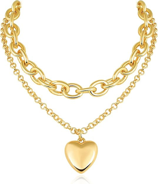Planch Chunky Gold Necklace Heart Pendant 14k Gold Plated Thick Chain Multilayer Necklace for Wom... | Amazon (US)
