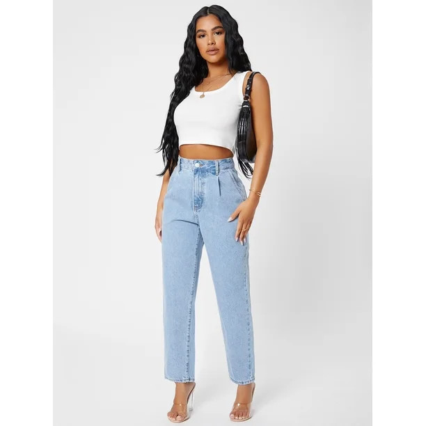 Women's PETITE Solid Slant Pocket Mom Jeans - Walmart.com | Walmart (US)