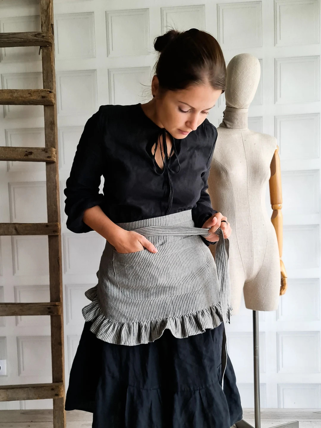 Ruffled Apron Made From 100% Linen, Natural Linen Half Apron, Kitchen Dress Apron With Pocket, Da... | Etsy (US)