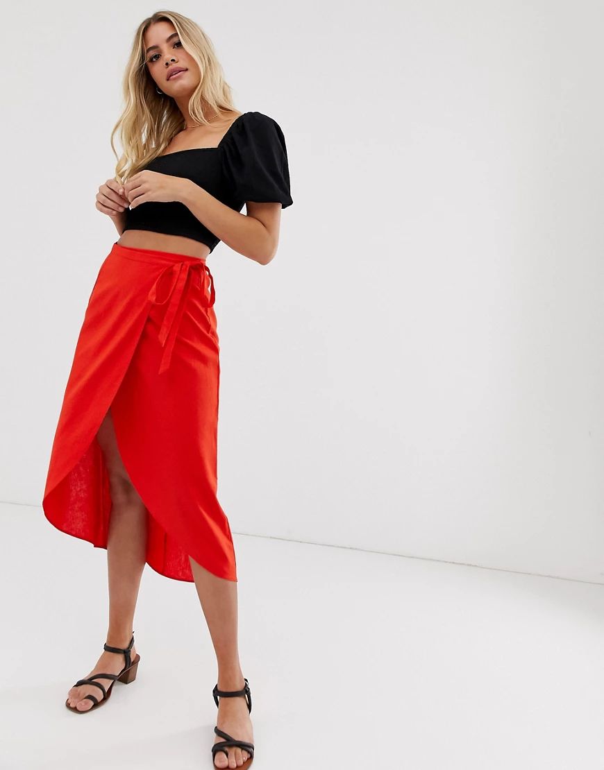 ASOS DESIGN wrap midi skirt with tie side-Red | ASOS (Global)