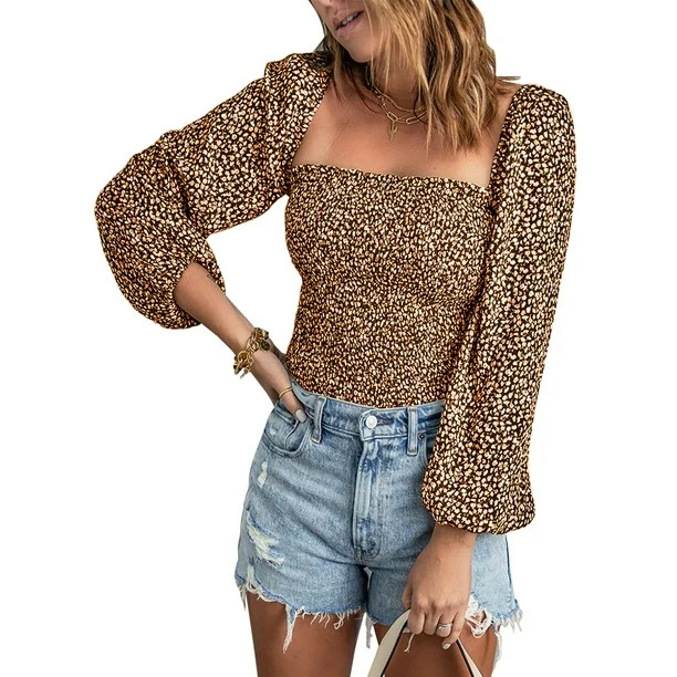 Dokotoo Women's Brown Blouses Floral Print Square Neck Long Puff Sleeve Slim Fit Shirt Tops Size ... | Walmart (US)