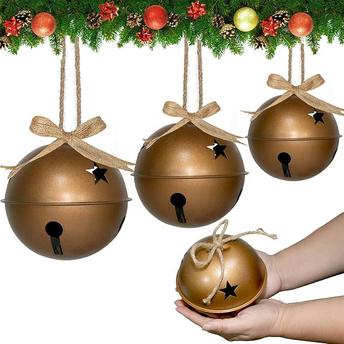 3Pcs Large Christmas Vintage Bells Christmas Tree Ornaments Set of 5.5" 4.7" 4" H Jumbo Rustic Ji... | Amazon (US)