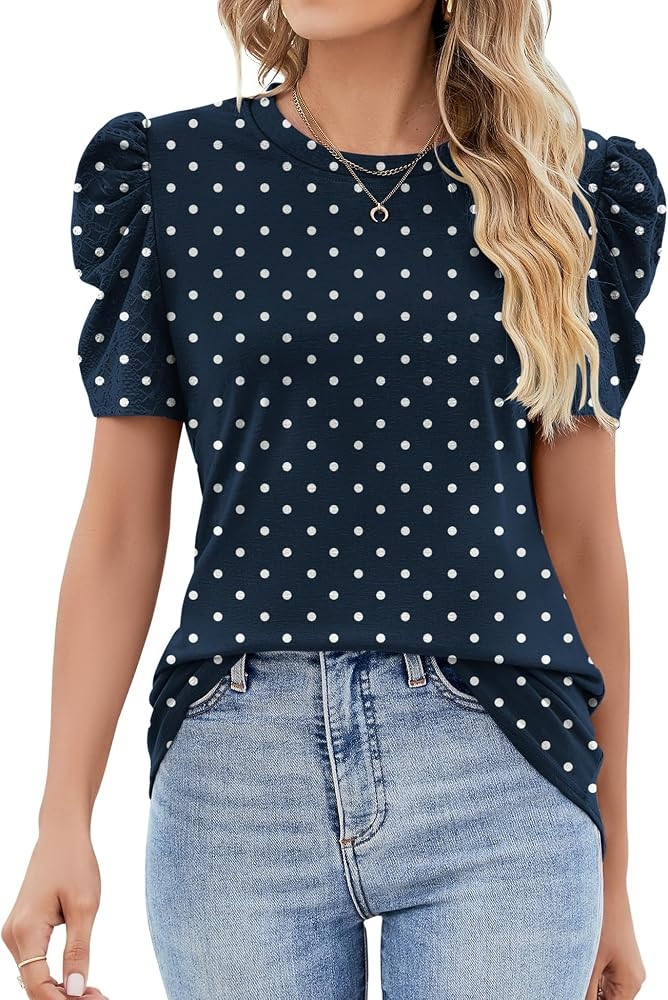 Ivicoer Puff Short Sleeve Shirt for Women Eyelet Tops Summer Crewneck Blouse Loose Fit S-XXL | Amazon (US)