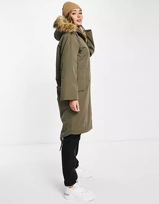 ASOS DESIGN oversized sherpa lined parka coat in dark khaki | ASOS (Global)