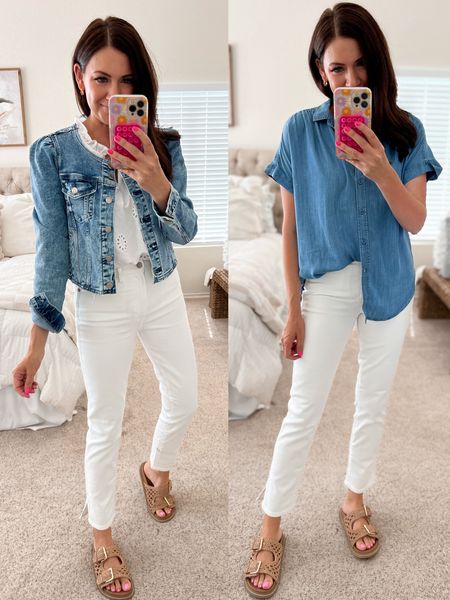 Gap 40% off sale still going on!
White jeans, part of their vintage slimline, which is the absolute best! Wearing my true size 27 regular. Also from the gap is the really cute feminine denim jacket in a size small. Walmart blouses I’m in a small in and a medium in the but I should’ve gotten a small as well.

#LTKSeasonal #LTKFindsUnder50 #LTKSaleAlert