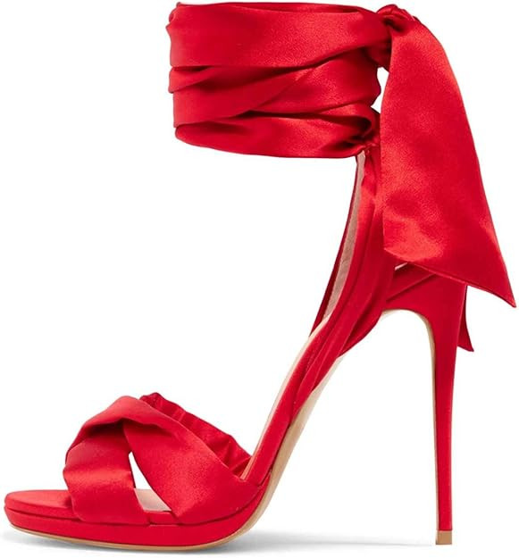 FSJ Women Cocktail Peep Toe Satin Lace Up Sandals Ankle Wrap Platform High Heels Party Sexy Shoes... | Amazon (US)