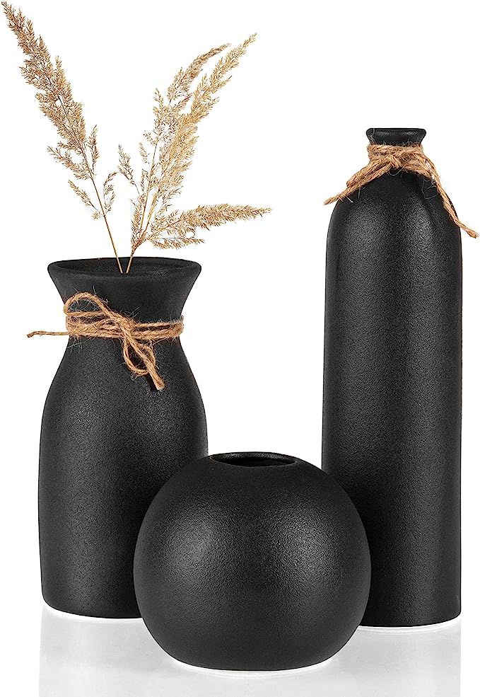 Crutello Ceramic Vase Set - 3 Black Textured Vases - Rustic Vase Set, Perfect Home Decor for Mant... | Amazon (US)