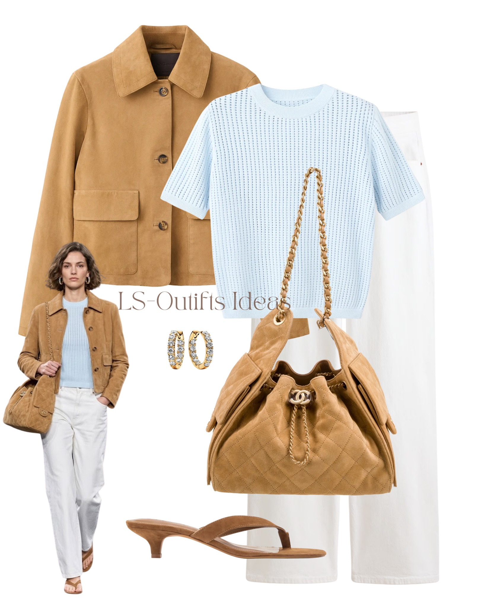 Soft blue meets warm camel 🤎🩵 Such a chic color combination for transitioning into fall. Pairing a powder blue knit top with crisp white pants and a camel suede jacket, finished with a matching suede bag, kitten-heel sandals and gold jewelry. Classic, polished and effortlessly elevated.

#FallOutfit #FallStyle #FallFashion #OutfitInspo #OutfitIdeas #CamelJacket #SuedeJacket #BlueTop #WhitePants #NeutralStyle #ChicOutfit #CasualChic #ElevatedBasics #TransitionalStyle #EverydayStyle #WomensFashion #LTKStyle #LTKFashion
