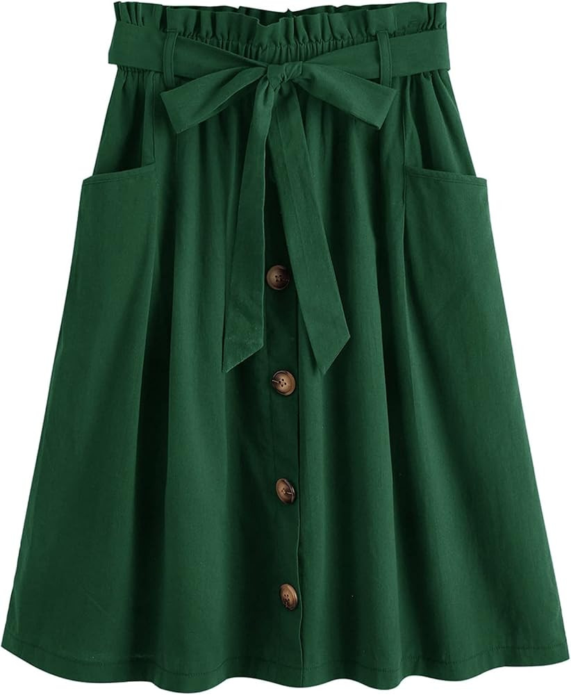 SweatyRocks Women's Casual High Waist Pleated A-Line Midi Skirt with Pocket Solid Green M at Amaz... | Amazon (US)