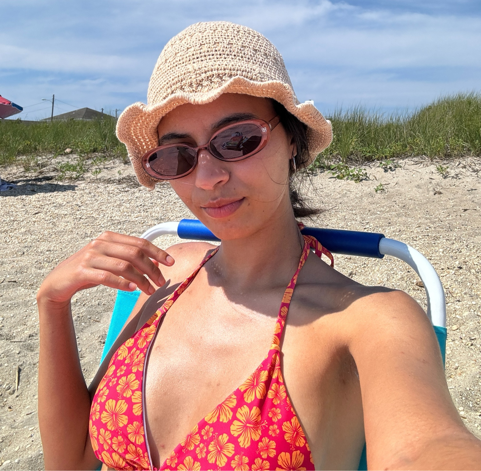 Orange and yellow binini, floral bikini, bikini top, round brown sun glasses, round sun glasses, sunnies for summer, brown glasses, summer hat, summer straw hat, beach hat, summer vibes, summer beach outfit 

#LTKSeasonal #LTKStyleTip #LTKSwim