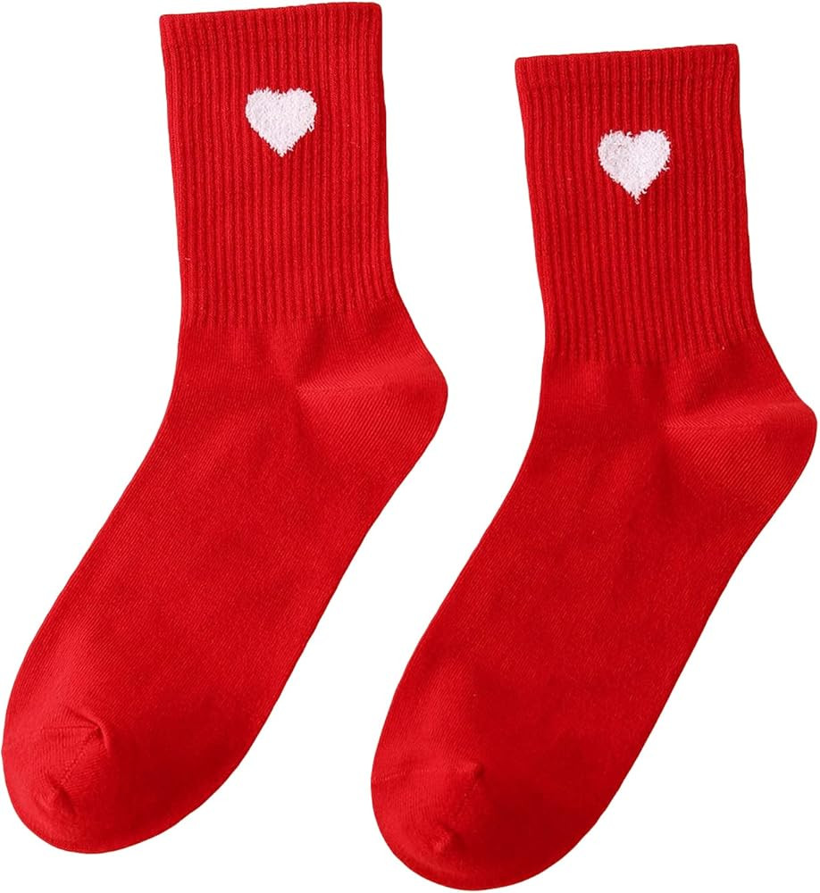 OYOANGLE Women's 1 Pairs Casual Heart Print Crew Socks Athletic Ankle Dress Socks | Amazon (US)