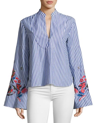 Klara Embroidered Menswear Stripe Top, Blue/White | Neiman Marcus