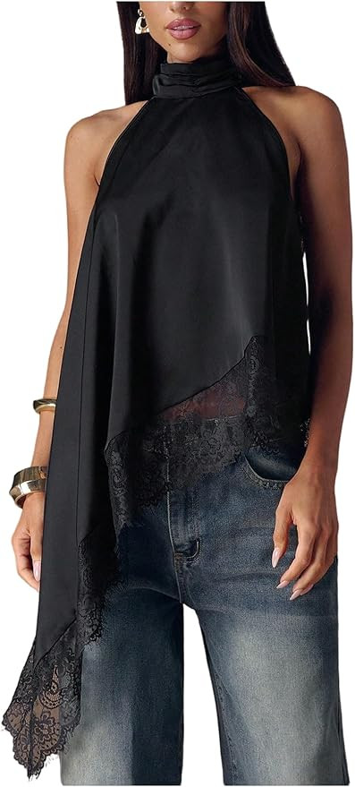 Milumia Women's Halter Neck Sleeveless Top Lace Asymmetrical Hem Summer Going Out Tank Tops | Amazon (US)