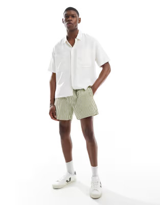 ASOS DESIGN wide shorter length short in green and white stripe | ASOS (Global)