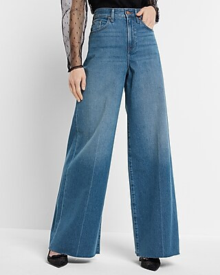 Super High Waisted Medium Wash Raw Hem Baggy Wide Leg Jeans | Express