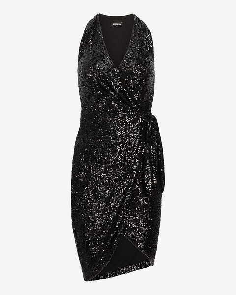 Sequin V-neck Wrap Tie Waist Mini Sheath Dress | Express