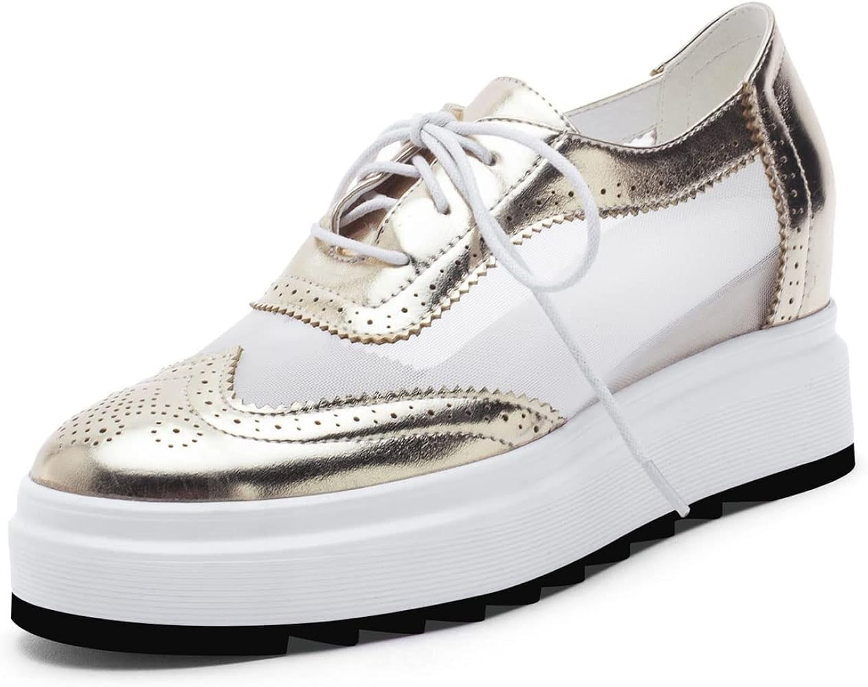 SHEMEE Women's Platform Hidden Wedge Lace Up Oxfords Pumps Wingtip High Heels Round Toe Mesh Brog... | Amazon (US)