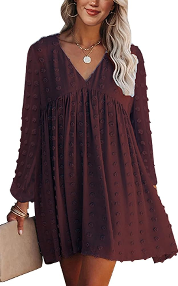 ECOWISH Women Summer Dress V-Neck Polka Dot Short Sleeve Casual Loose Flowy Swing Tunic Dresses | Amazon (US)