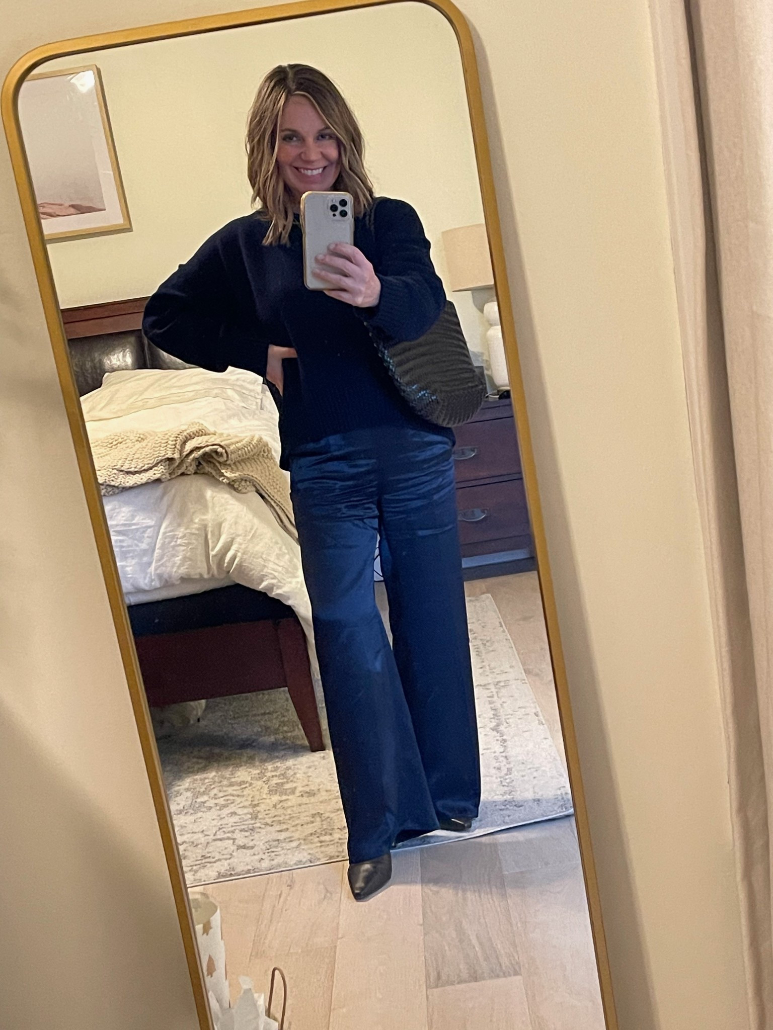 JCrew Cosmo pant for late brunch and mimosas with friends! 🥂 Love the fit, comfort and versatility of these!! Length is perfect in #petite. 
#LTKOver50 

JCrew satin pants- PXS - The fit is similar to their poplin cosmo pant. 
Quince cotton boyfriend crewneck sweater - XS (couldn’t link this for some reason, so I linked their fisherman crew in navy, which is great but runs smaller)
JCrew Boot - Stevie