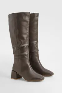 Boots | Wide Fit Ruched Block Knee High Boots | boohoo | Debenhams UK
