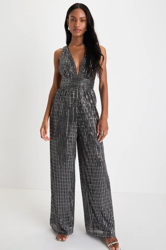 Ailey Silver and Black Sequin Twist Back Wide Leg Jumpsuit | Lulus
