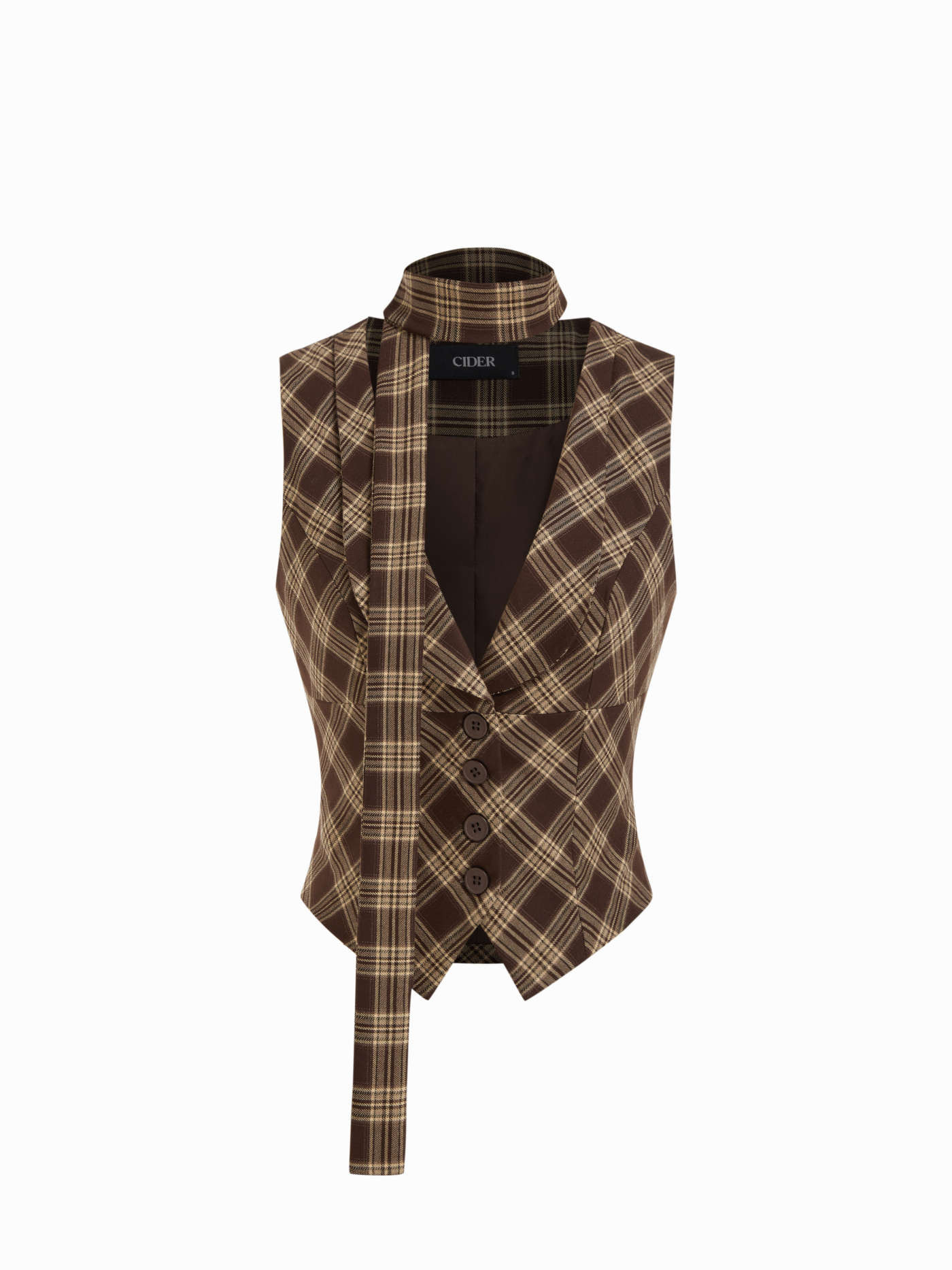 Woven Plaid V-neck Jacket Vest With Scarf For Daily Casual | Cider