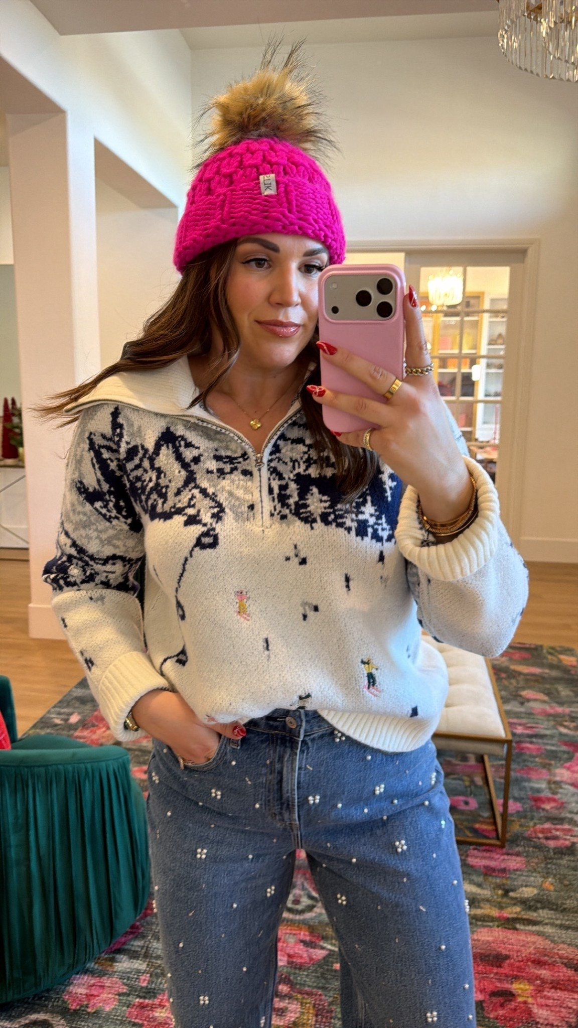 curvy midsize casual winter snow bunny look! wearing size large in ski sweater and size 30 in embellished pearl denim ⛷️💕 

#LTKMidsize #LTKSeasonal #LTKFindsUnder50