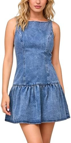 Omoone Women's Sleeveless Bodycon Mini Denim Dress Summer Boat Neck Stretchy Slim Fit A-Linen Fla... | Amazon (US)