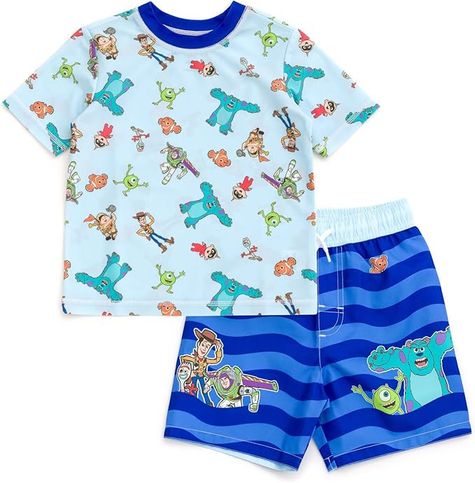 Disney Pixar D100 UPF 50+ Rash Guard and Swim Trunks Outfit Set Infant to Little Kid Sizes (12 Mo... | Amazon (US)
