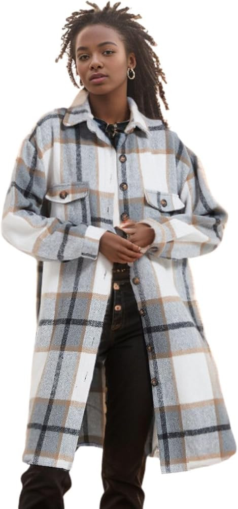happlan Tops Dressy Casual Lapel Button Down Flannel Vintage Plaid Shirts Cardigan Shacket Jacket... | Amazon (US)