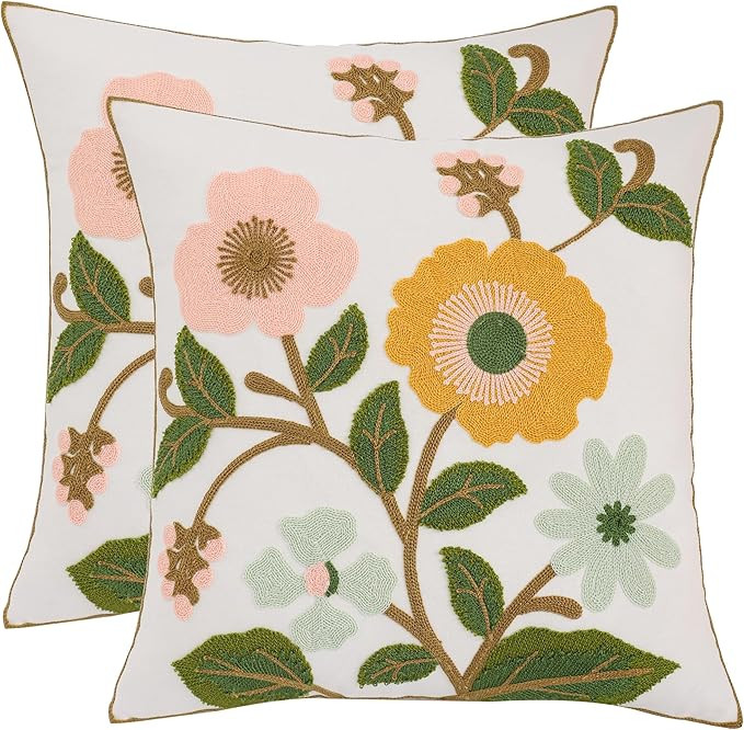 Tosleo Foral Pillow Covers 18x18 Set of 2 Embroidery Throw Pillow Covers Yellow and Pink Flowers ... | Amazon (US)