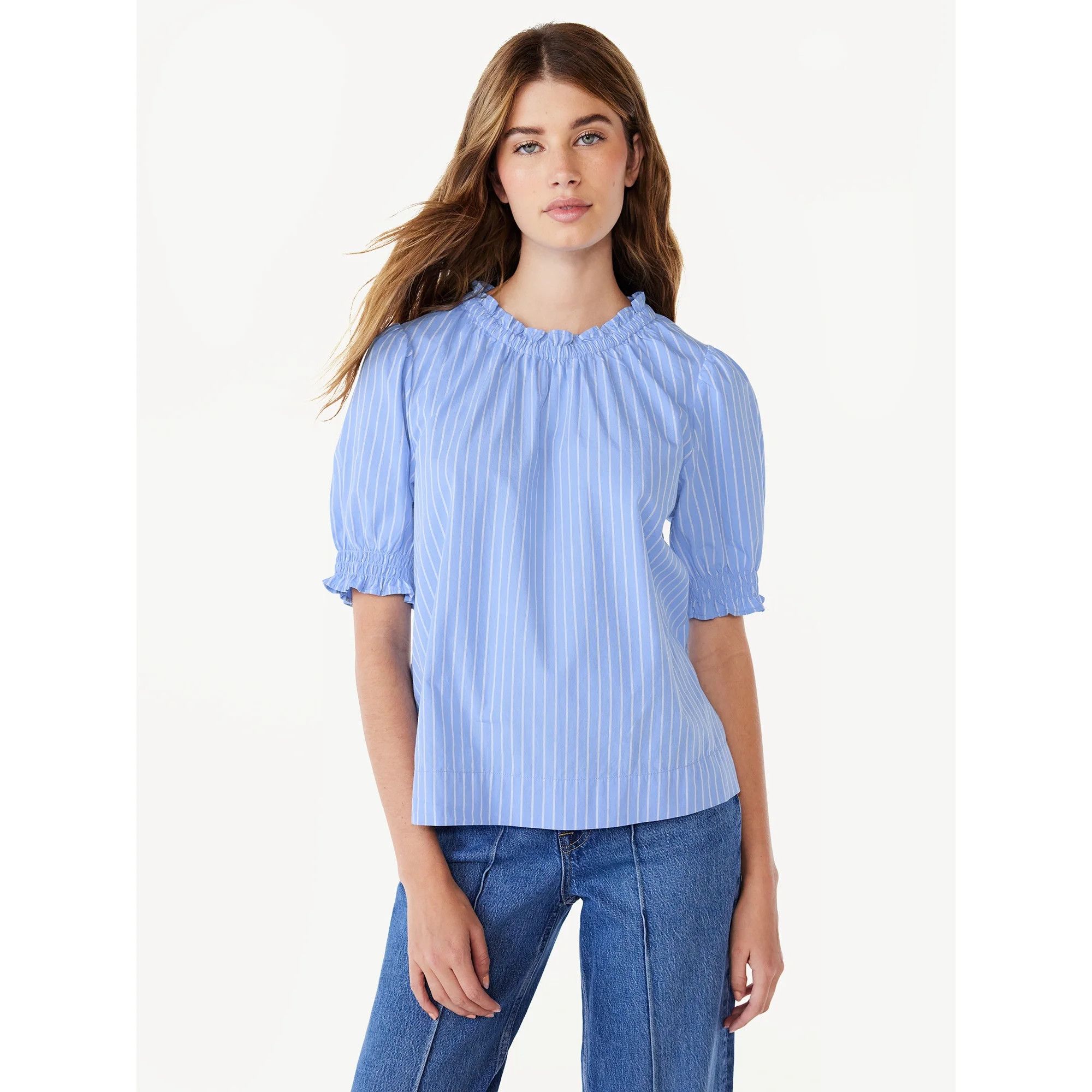 Free Assembly Women's Ruffle Neck Top with Short Puff Sleeves, Size XS-XXL - Walmart.com | Walmart (US)