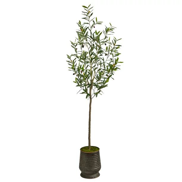 Nearly Natural 75in. Olive Artificial Tree in Ribbed Metal Planter - Walmart.com | Walmart (US)