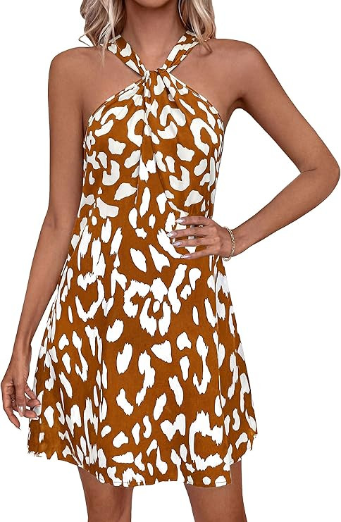 PRETTYGARDEN Womens 2026 Summer Halter Mini Dress Sleeveless Boho Floral Short Sundress Casual Fl... | Amazon (US)