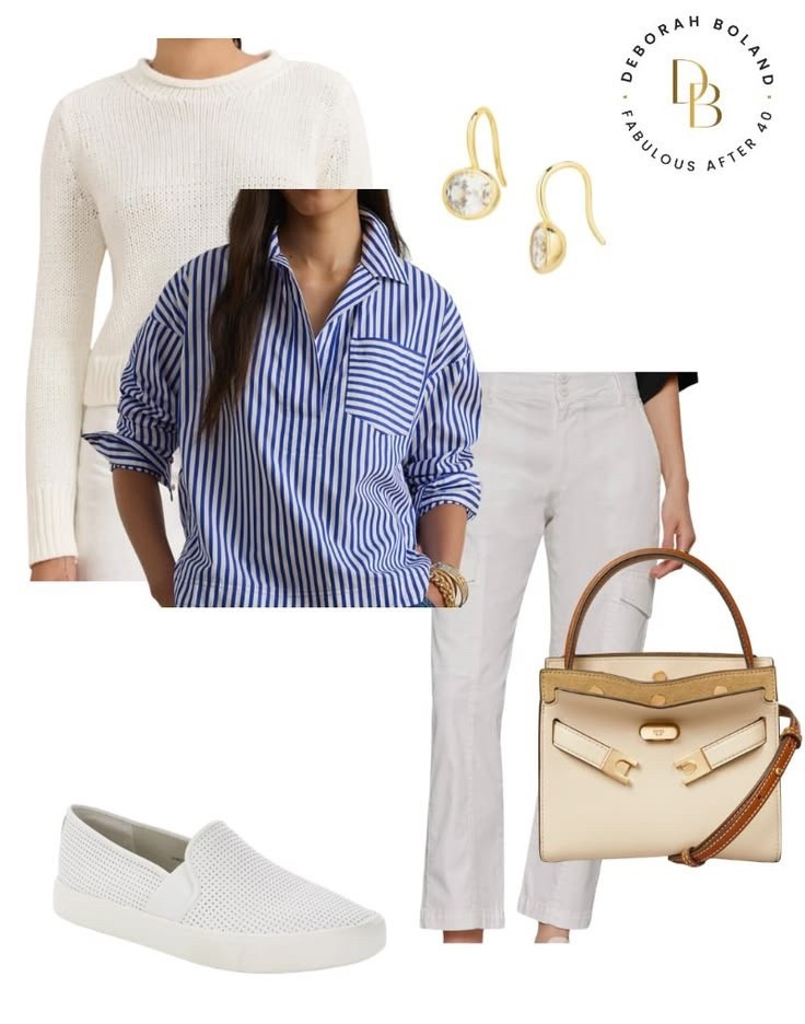 Easy, everyday outfits are my favorite lately 🤍

I paired classic white cargo pants with a blue striped shirt layered under a lightweight sweater for that effortless, slightly preppy feel. It’s the kind of outfit that works for so many things — running errands, casual meetings, lunch with friends, or just days when you want to look put together without overthinking it.

I added simple gold jewelry, a neutral handbag, and comfy white slip-ons to keep everything clean and easy. Sometimes the best outfits really are just timeless basics styled together in a fresh way.

#LTKOver40 #LTKSeasonal #LTKgrwm
