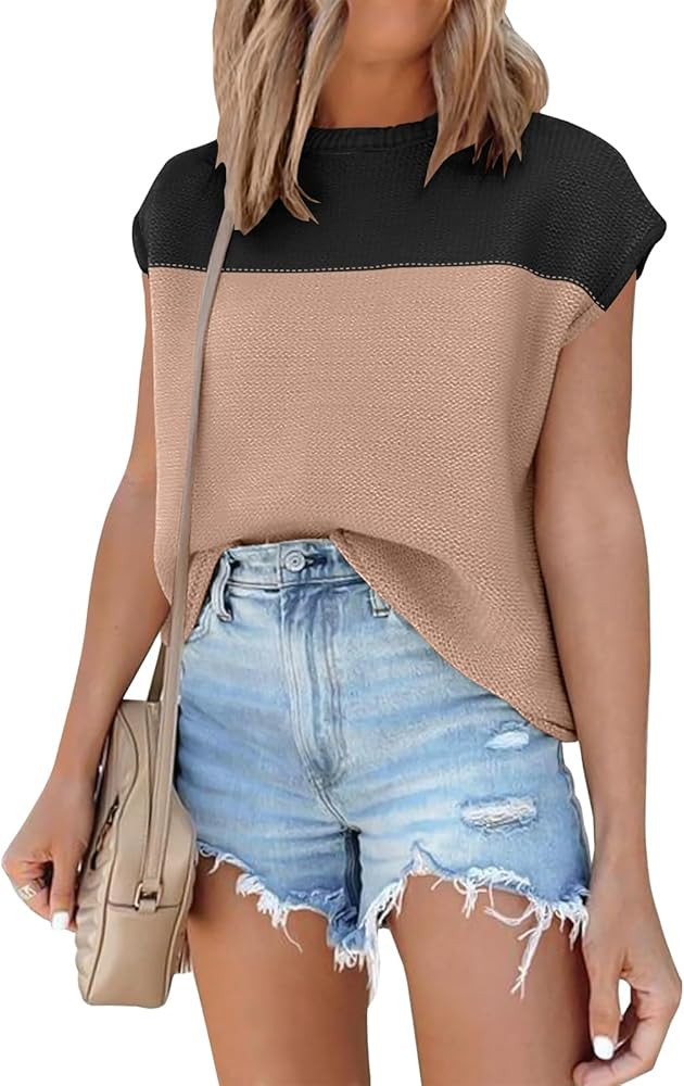 ANRABESS Womens Summer Cap Sleeve Sweater Crewneck Sleeveless Knit Tops Casual Fit Vest 2024 Tren... | Amazon (US)