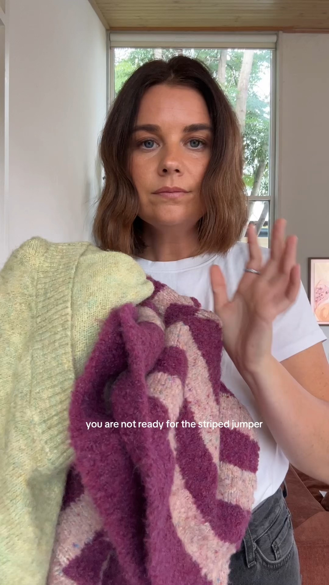 Wearing size small in green and large in stripe #colourfulknits