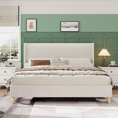 King Size Noise Free Corduroy Bed Frame, 53" Tall Wingback Headboard with Vertical Stripe, Platform Base, No Box Spring,Beige | Target
