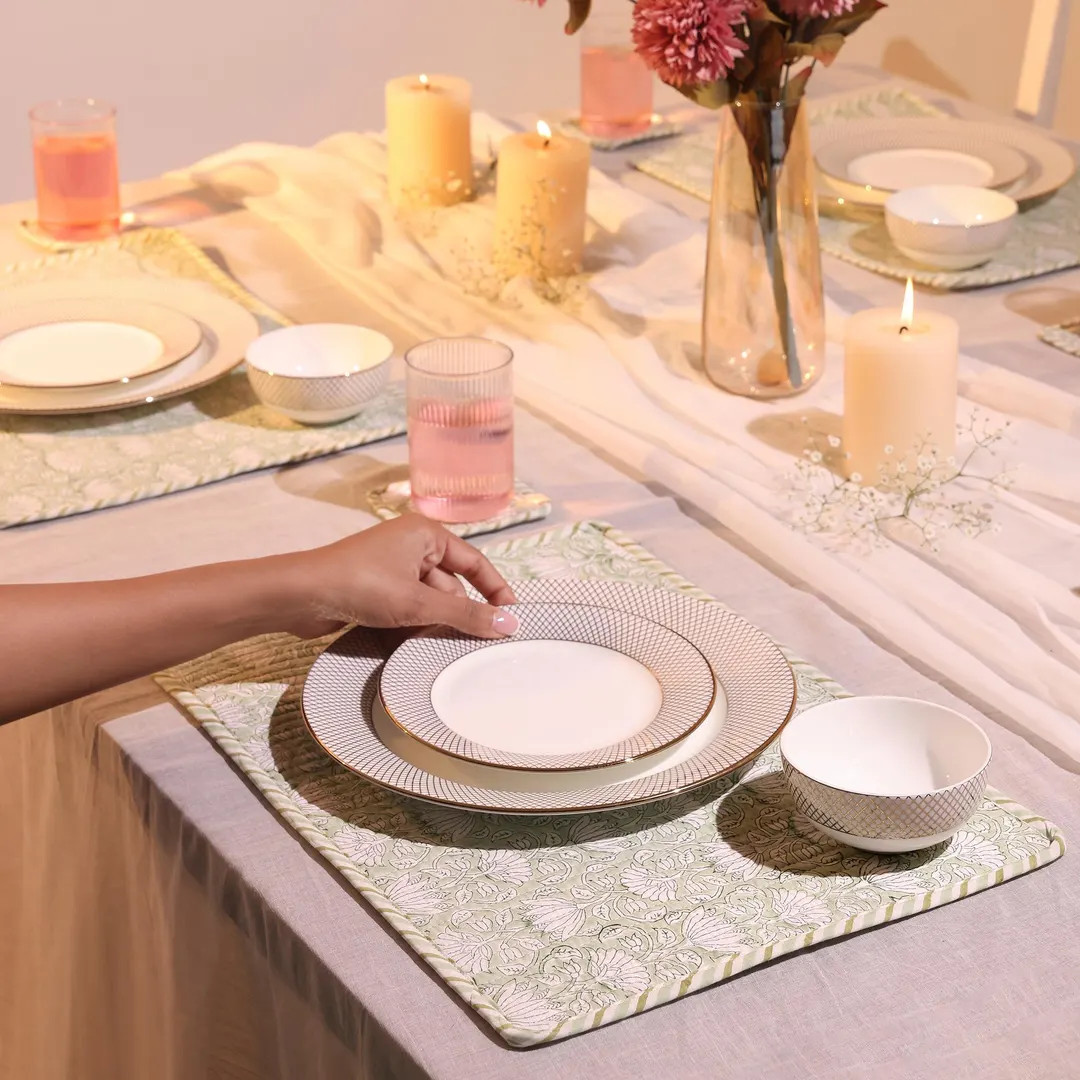 Heirloom Sage -  Hand-Block Printed Quilted Reversible Placemat & Coaster Set | Etsy (US)