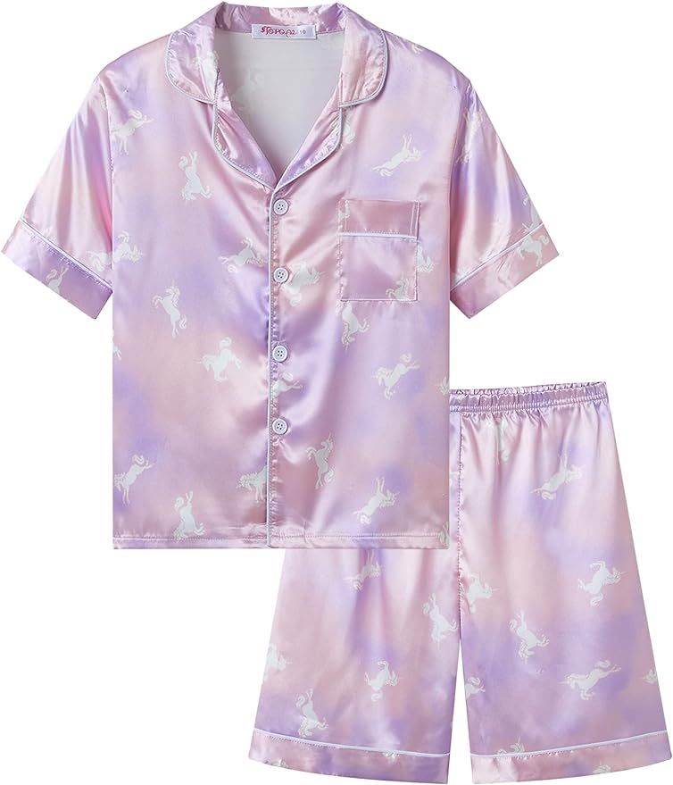 Satin Pajamas for Girls Coat Style Unicorn & Cat Silk Button Down PJ Set Size 6-16 | Amazon (US)