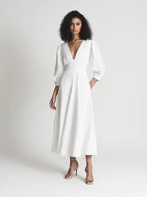 Reiss White Christie Puff Sleeve Plunge Midi Dress | Reiss (UK)