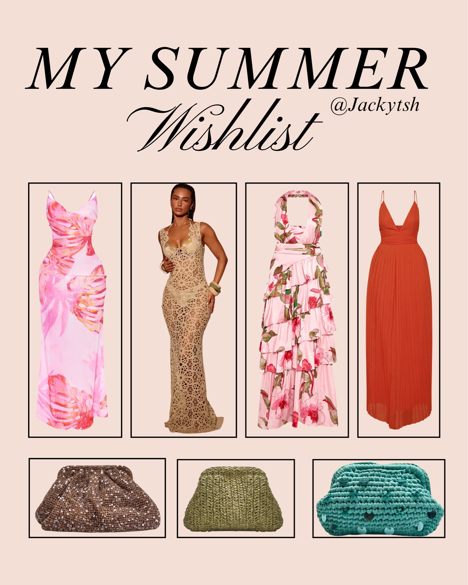 The summer wishlist that has my whole heart right now 🌸 

A pink maxi dress, crochet lace beach coverup, tiered floral halter dress, rust pleated maxi dress and 3 bags that tie every look together. 

Every single piece is linked below. Which one are you grabbing first? #summeroutfit #Amazonfashionfinds #womensfashion #vacationoutfit #resortwear

#LTKSeasonal #LTKootd #LTKgrwm
