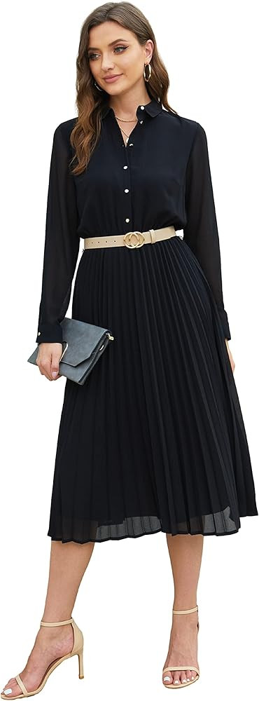 Business Casual Shirt Dress for Women Long Sleeves Pleated Midi Dresses with Belt | Amazon (US)